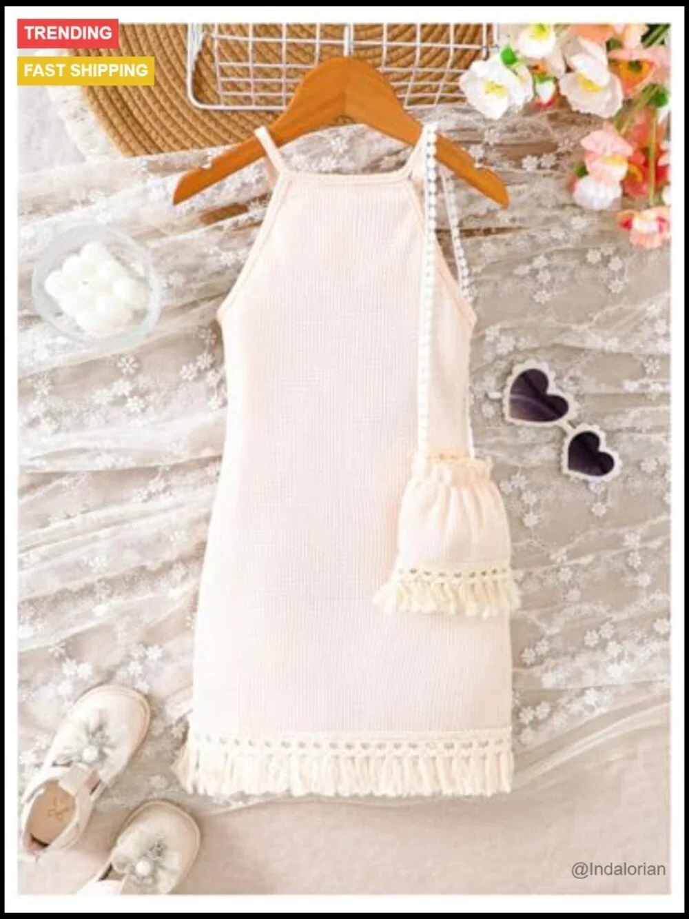 Girl's 3D Floral Crochet Knit Sleeveless Midi Dress with Bag